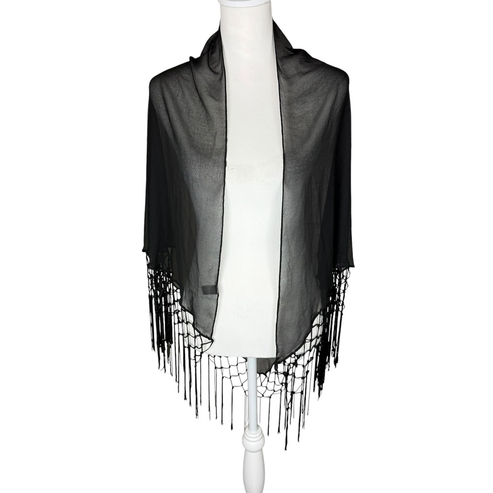 Jones New York Black Sheer Triangle Shawl Macrame Knotted Fringe Evening Wrap